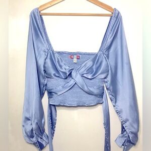 Urban Outfitters Silky Satin Baby Blue Puff Sleeve Top